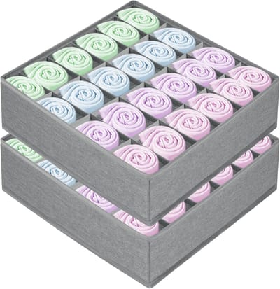 Famanu – Lade-organizers met 24 vakken, set van 2, opvouwbare opbergdozen voor sokken, handdoeken en accessoires, lichtgrijs