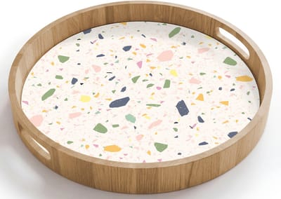 Dienblad rond 40x40 cm - Schootdienblad hout - Terrazzo - Patroon - Kleurrijk - Festival - Borrelplank rechthoek - Plateau houten dienbladen