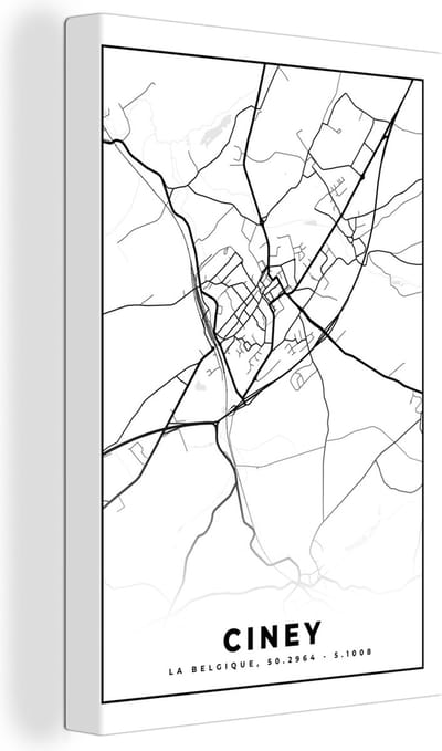 Canvas Schilderij Stadskaart – Plattegrond – België – Zwart Wit – Ciney – Kaart - 20x30 cm - Wanddecoratie