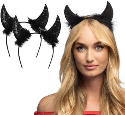 Boland Duivel hoorntjes - 2x - zwart - kunststof - Halloween thema - dames - diadeem - tiara - met pailletten hoorns
