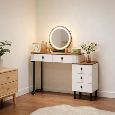 HAUSS SPOLE Kaptafel - Dimbare LED Spiegel En 5 Lades - Verstelbare Zijkast Voor Slaapkamer - Bruin Wit - 100x40x125 Cm