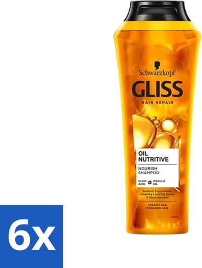 6 x Gliss - Shampoo - Oil Nutritive - Voor Voedend en Zijdezacht Haar - 250 ml - Glans Shampoo - Voedende Shampoo - Droog Haar Shampoo - Haarverzorging - Haar Conditioner