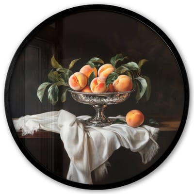Poster in lijst Rond - Fotolijst 40x40 cm - Posters - Stilleven - Perziken - Vintage - Ronde posterlijst zwart - Decoratie - Wanddecoratie woonkamer - Muurdecoratie slaapkamer