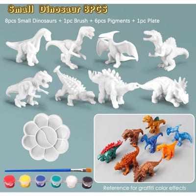 8 Stuks Doe-het-zelf Dinosaurus Schilderset Ongeschilderde Dinosaurus Kunst Ambacht Kleur Speelgoed met Schildergereedschap Creatief Handgemaakt Speelgoed voor Jongens Meisjes white