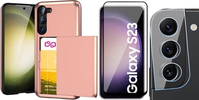 Hoesje met Pasjeshouder geschikt voor Samsung Galaxy S23 - Screenprotector FullGuard & Camera Lens Screen Protector - Back Cover SlideCase Roségoud