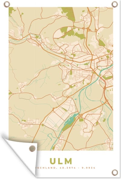 Muurdecoratie Ulm - Plattegrond - Vintage - Kaart - Stadskaart - 120x180 cm - Tuinposter - Tuindoek
