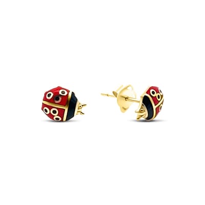 New Bling 9NBSAM-G230253 Gouden Oorknopjes Lieveheersbeestje - 6,6x5,6mm - Emaille - Rood;Zwart - 14 Karaat - Goud
