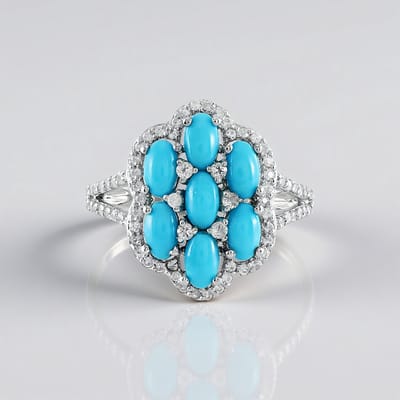 Cavill - Statement Ring Ovaal - 925 Sterling Zilver Platina - 1,308 ct Sleeping Beauty Turkoois & 5,294 ct Tanzanische Zirkonia - Elegant Design
