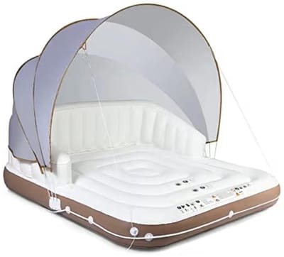 BIXc® - Opblaasbaar badeiland camping met intrekbare en afneembare overkapping - zwemeiland met 2 bekerhouders - zwemligbed voor 2 volwassenen, belastbaar tot 200 kg