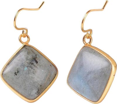 Edelstenen oorbellen Labradorite Gold Square - oorhanger - labradoriet - goud edelstaal - vierkant - luxe sieraden zakje - oorbellen dames