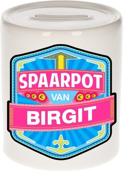 Bellatio Decorations Kinder spaarpot met naam - Birgit - keramiek - met dop - wit - Sparen - Spaargeld van Birgit