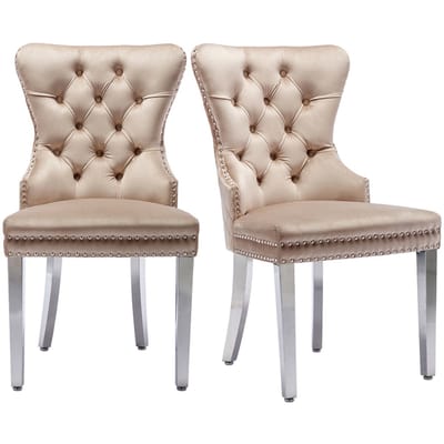 YEHTOKHOME Eetkamerstoelen Set van 2, Keukenstoel Woonkamerstoel met unieke deurklopper op de rugleuning, Gestoffeerde stoel met nagelkoppen, Metalen Poten, Fluwelen bekleding, Beige