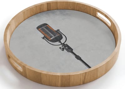 Dienblad rond 40x40 cm - Schootdienblad hout - Microfoon - Vintage - Illustratie - Grijs - Borrelplank rechthoek - Plateau houten dienbladen