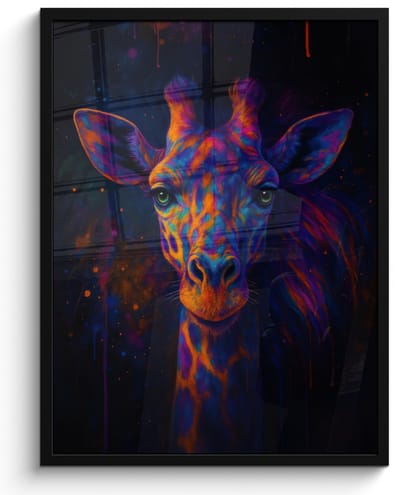 Poster in lijst - Fotolijst 50x70 cm - Posters - Giraffe - Gekleurd - Verfspatten - Posterlijst zwart - Decoratie - Wanddecoratie woonkamer - Muurdecoratie slaapkamer