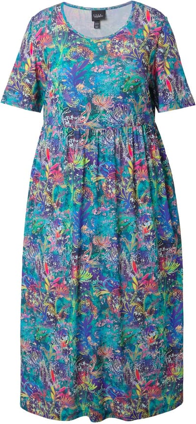 Ulla Popken - Dames - Maxi-jurk A-lijn ronde hals korte mouwen zakken - Azuurblauw - Maat 58+