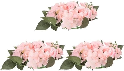 Romantische Kaarsringen Set van 3 voor Tafeldecoratie - Kunstmatige Rozenkrans met Lichtroze Bloemen