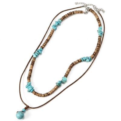 Layer ketting met bruine kralen voor heren en dames, turquoise stenen en ronde hanger – unisex sieraad