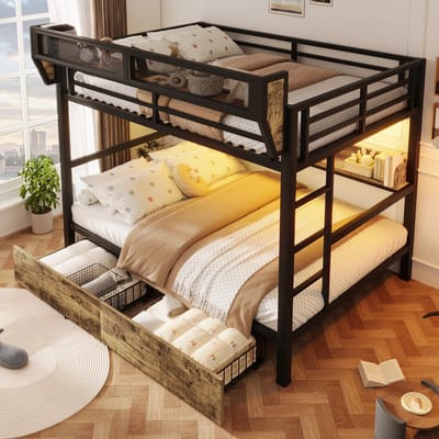 Stapelbed 140 x 200 cm, Kinderbed Ijzeren Bedframe, Plank, Opbergmand, 2 Binnenlades, Ledverlichting, Hoogslaper Zonder Matras-Zwart