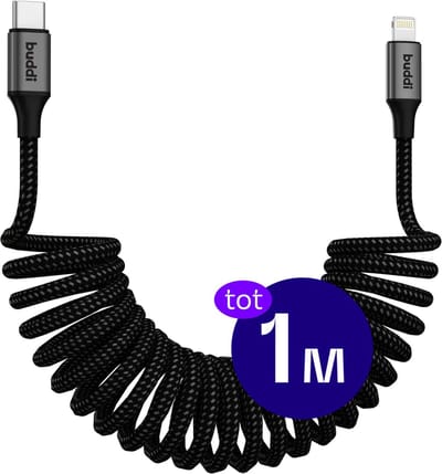 Buddi Flex | Uitrekbare USB-C naar Lightning Krul Kabel 12W Fast Charge 5V/2.4A | 480Mbps Dataoverdracht | Gevlochten Elastisch Nylon | Krulsnoer | Spiraalkabel | Voor in de auto | 1M Zwart