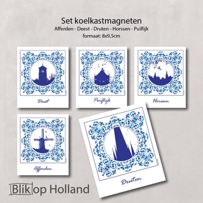 Blikvangers | koelkastmagneten set | delfts blauw | 5 stuks | Afferden – Deest – Druten – Horssen – Puiflijk