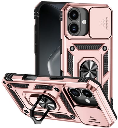 Coverup Hoesje - Geschikt voor iPhone 17 Hoesje - Coverup Armor Ring Kickstand Back Cover met Camera Shield - Rose Gold
