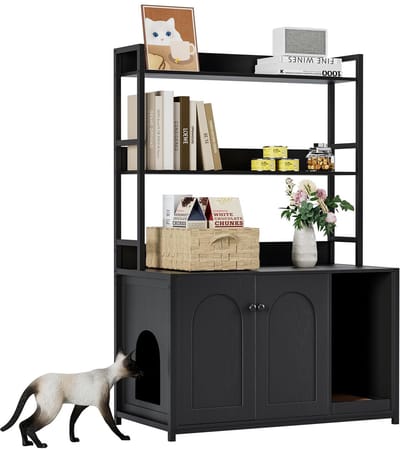 Danky - Cat Washroom - Kattenbakmeubel - 90x45x132cm - Verborgen Kattenbak - 2 Opbergplanken - Zwart