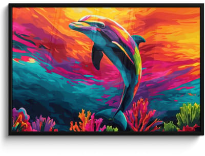 Poster in lijst - Fotolijst 120x80 cm - Posters - Dolfijn - Kleurrijk - Oceaan - Koraal - Posterlijst zwart - Decoratie - Wanddecoratie woonkamer - Muurdecoratie slaapkamer