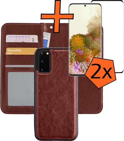 Hoes - 2 in 1 - Geschikt voor Samsung Galaxy S20 - Met 2x Screenprotector - En Uitneembare Hard Cover - Bookcase - Wallet Case - Met Pasjeshouder - Book Case - Uitneembaar - Pashouder - Kunstleer - Bruin