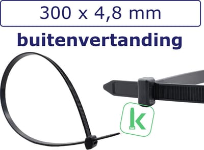PRO-TIE® - Tyraps, kabelbinders Hittebestendig met buitenvertanding (Outside-Serration) 300 x 4,8 mm Zwart UV-bestendig (Zak 100 stuks) (tiewrap/tyrap/tie-wrap/bundelbandje/colsonbandje/)