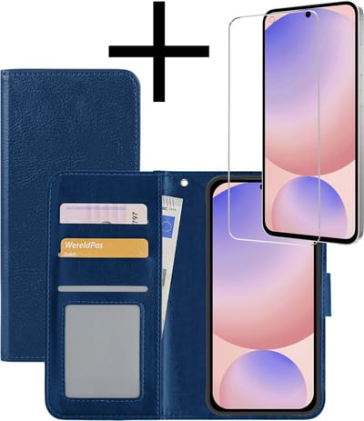 Hoesje - Met Screenprotector - Geschikt voor Samsung Galaxy S24 FE - Luxe Pasjeshouder - Bookcase Portemonee - Flip Case - Kunstleer Book Case - Flipcase - Book Cover - Walletcase - Portemonneehoes - Donkerblauw