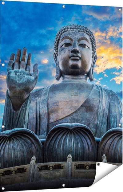Gards Tuinposter Boeddha Beeld bij een Tempel - 90x120 cm - Tuindoek - Tuindecoratie - Wanddecoratie buiten - Tuinschilderij