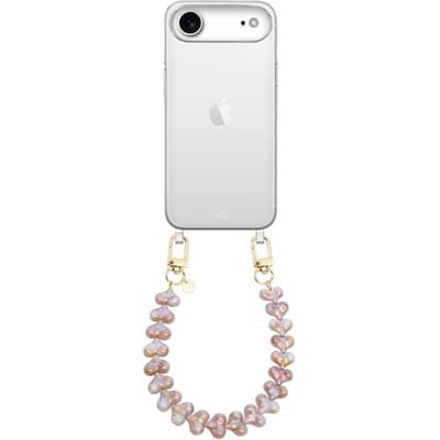 xoxo Wildhearts siliconen hoesje - Geschikt voor iPhone 17 Air hoesje - Funky Hearts (Champagne Pearl) - Telefoonhoesje - Hoesje met koord - Champagne / Beige koord - kort telefoonkoord - Hartjes ketting - Transparant hoesje