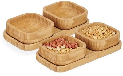 Kinvara Snack serveer schaaltjes op plank - 2x set - bamboe hout - tapas/nootjes/saus bakjes