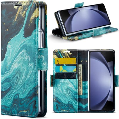 Casemania Hoesje Geschikt voor Samsung Galaxy Z Fold 5 - Blue Aquamarine - Marmer Portemonnee Book Case