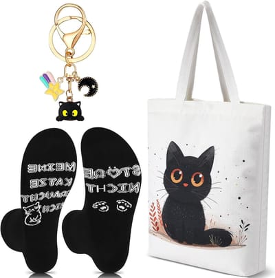 Cadeaus voor kattenliefhebbers: Herbruikbare boodschappentas, grappige sokken en zwarte sleutelhanger voor dierenliefhebbers