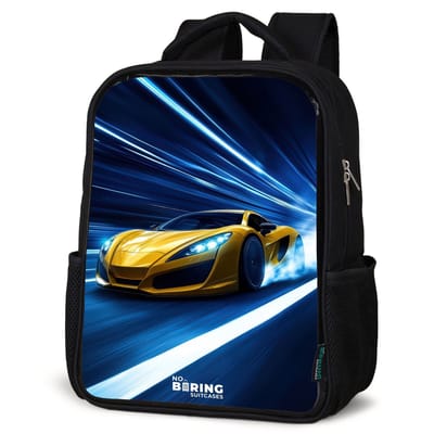 NoBoringSuitcases.com® - Rugzak zwart - Schooltas jongen & meisje - Gele sportwagen in lichttunnel van snelheid - Rugtas voor school - Boekentas kind - Schoolrugzak - Kinderrugzak