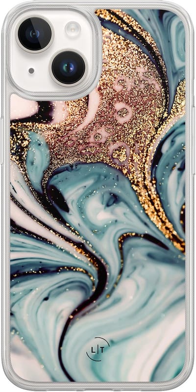 Hoesje geschikt voor iPhone 14 - Marmer blauw goud - 2in1 backcover - Marmer - Blauw - Leuke Telefoonhoesjes