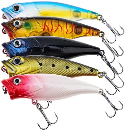 Allecto - Vissen Popper Lokken - Topwater Lokt - Kleurrijk - Kunstmatig Aas - Perfect voor Bass Vissen - 5 Stuks