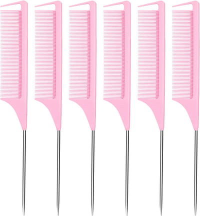 6 Stuks Styling Kammen voor Haar, Carbon Gespleten Kam met Metalen Staart voor Kappers en Thuisgebruik (Roze)