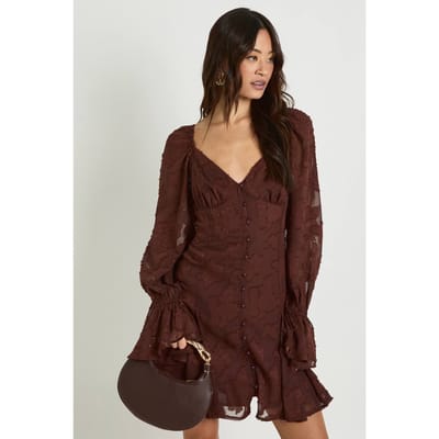 boohoo Dames Tall Burnout Bloemen Godet Zoom Mini Jurk | Chocoladebruin | Maat: 34