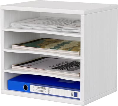Houten Bureau Organizer met 4 Niveaus voor A4 Documenten, Tijdschriften en Kantoorbenodigdheden - Wit