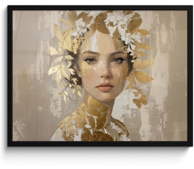 Poster in lijst - Fotolijst 80x60 cm - Posters - Gezicht - Vrouw - Bladeren - Goud - Posterlijst zwart - Decoratie - Wanddecoratie woonkamer - Muurdecoratie slaapkamer