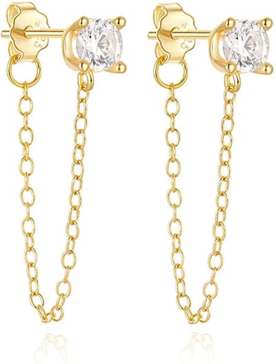 Elenza Sterling Zilveren Oorbellen met Ketting en Zirkonia - Goudkleurig