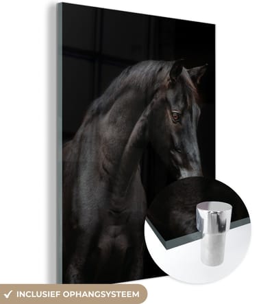 MuchoWow® Glasschilderij 120x160 cm - Schilderij acrylglas - Paard - Dieren - Zwart - Portret - Foto op glas - Schilderijen