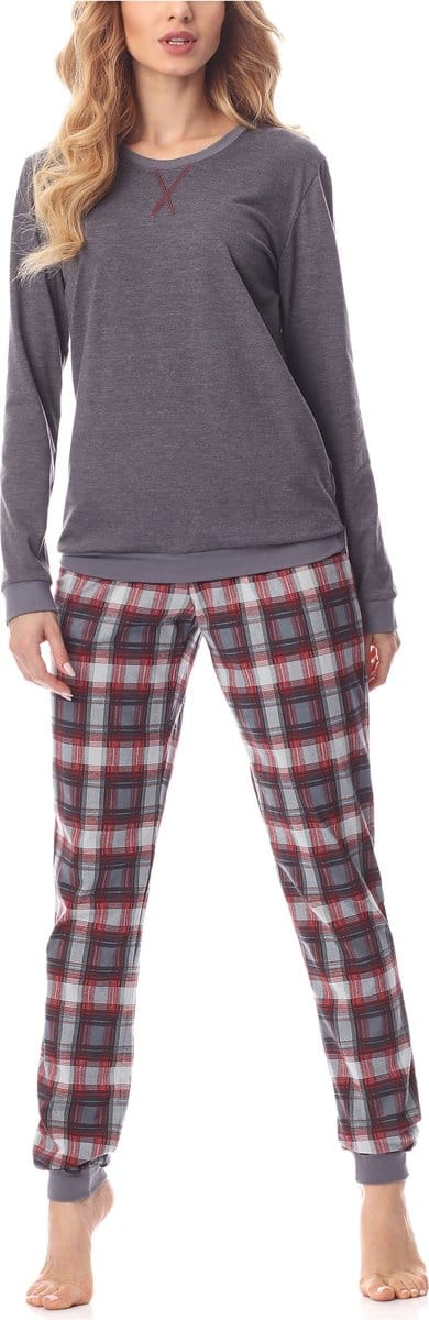 Merry Style MS-MS10-168-PJ Dames Pyjama - ronde hals - lange mouwen - lange broek met zakken - Katoen - Donker Gemêleerd/Bordeaux - S
