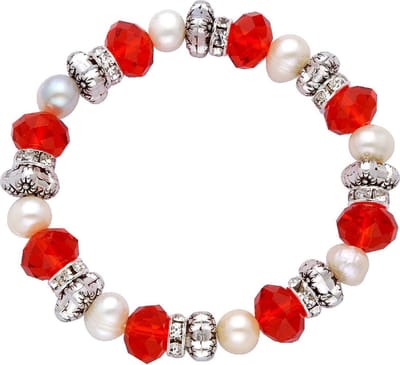 Behave - Armband - Elastische armband metaal met rode facet kralen en beige zoetwaterparels