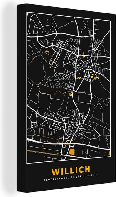 Canvas Schilderij Stadskaart – Kaart – Willich – Gold – Duitsland – Plattegrond - 20x30 cm - Wanddecoratie