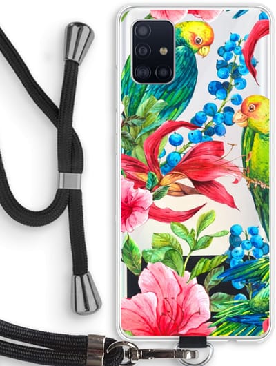 Case Company® - Hoesje met koord geschikt voor Samsung Galaxy A51 4G hoesje met Koord - Papegaaien - Telefoonhoesje met Zwart Koord - Bescherming aan alle Kanten en Over de Schermrand