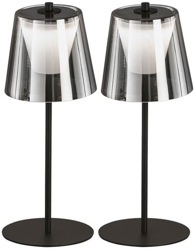 LED tafellamp touchdimmer buitenlamp gerookt glas tuinlamp oplaadbare tafellamp, metaal zand zwart, 2W 270lm warm wit, DxH 14 x 35 cm, set van 2