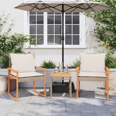 vidaXL - 3-delige - Bistroset - en - kussens - poly - rattan - en - hout - gemengd - beige